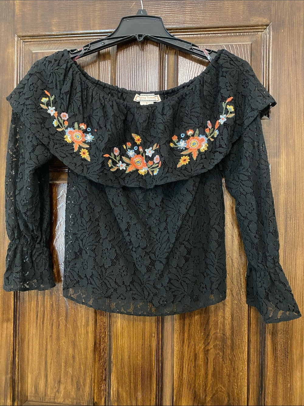 Flying Tomato Black Lace Ruffled Off-Shoulder Top with Floral Embroidery